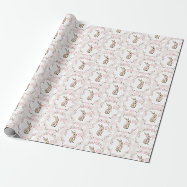 Papier Cadeau Pink Bow Bunny Rabbit Gingham Girl Birthday (Déroulé)