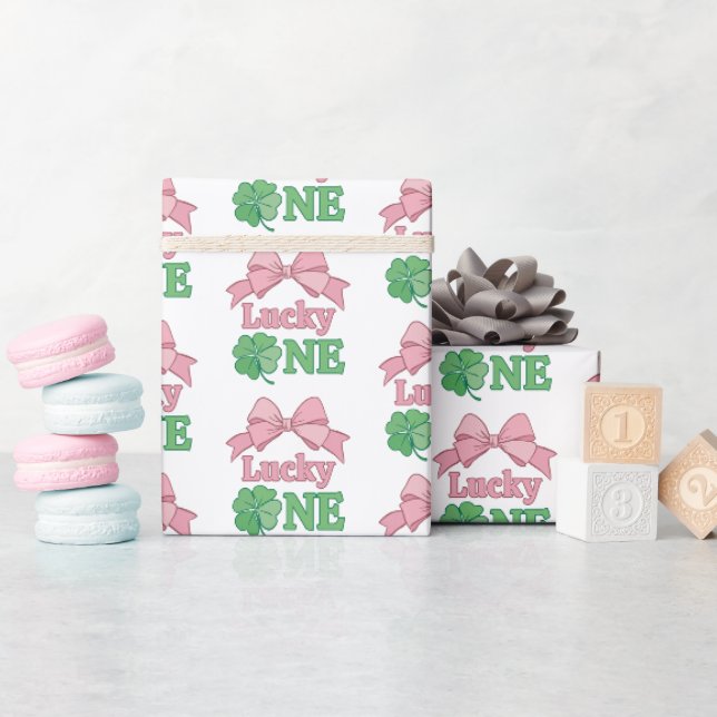 Papier Cadeau Pink Bow Clover Lucky One Girl 1st Birthday (Baby Shower)