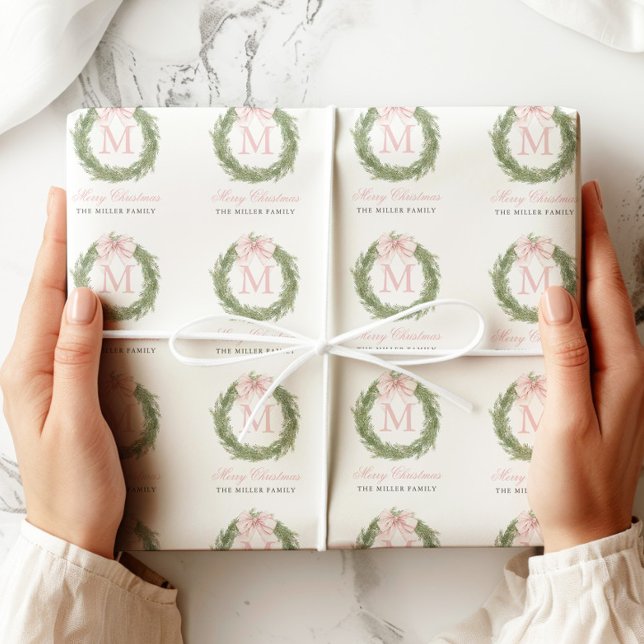 Papier Cadeau Pink Bow Monogram Wreath Christmas (Créateur téléchargé)