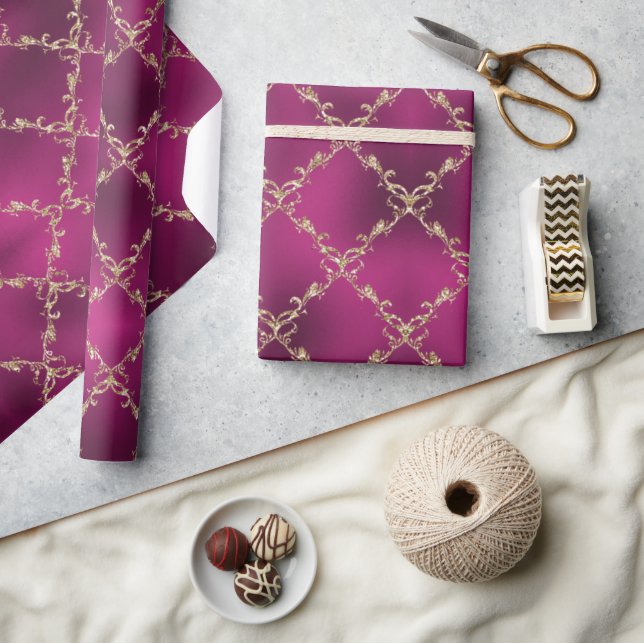 Papier Cadeau Pink Christmas Holiday Gold Damask Metallic (Artisanat)