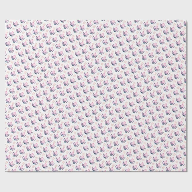 Papier Cadeau Pink Christmas Holly & Stars Coquette Wrapping Pap (Plat)