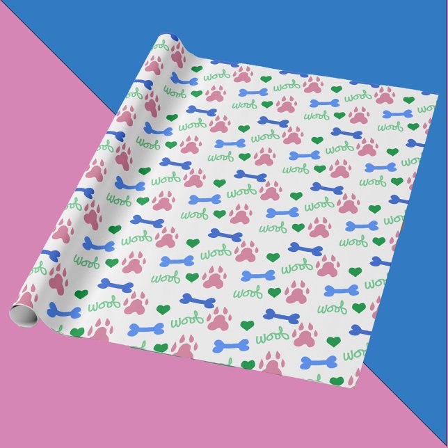 Papier Cadeau Pink Dog Paws Blue Bones Green Hearts Woof Pattern (A wrapping paper with pink dog paws, blue dog bones, green hearts and woof.)