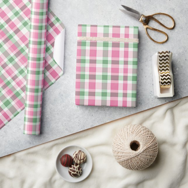 Papier Cadeau Pink et vert preppy Plaid (Artisanat)