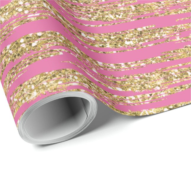 Papier Cadeau Pink Gold Faux Glitter Stripes (Coin rond)