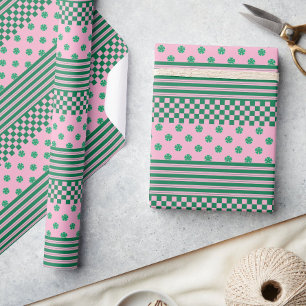 Papier Cadeau Pink Green Boho Check Floral Stripes Motif