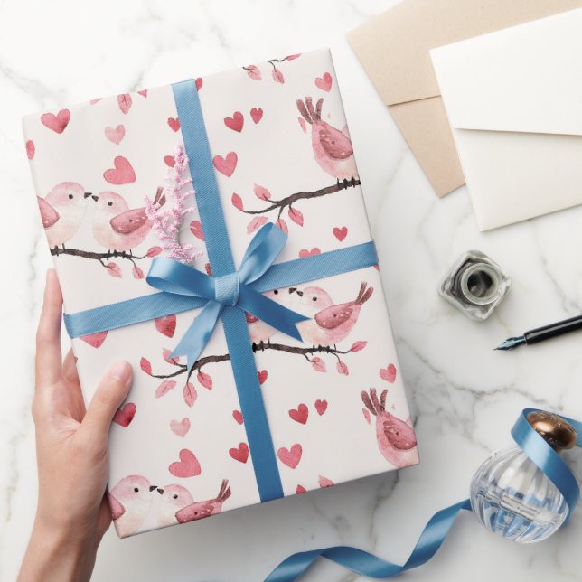 Papier Cadeau Pink Hearts Love Birds Valentine's Day Wedding (Cadeaux)