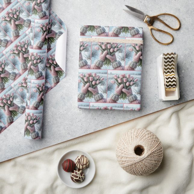 Papier Cadeau Pink Mittens tenant un bouquet de tulipe (Artisanat)