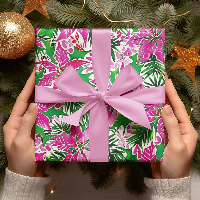 Papier Cadeau Pink Poinsettia moderne Gras Noël (Créateur téléchargé)