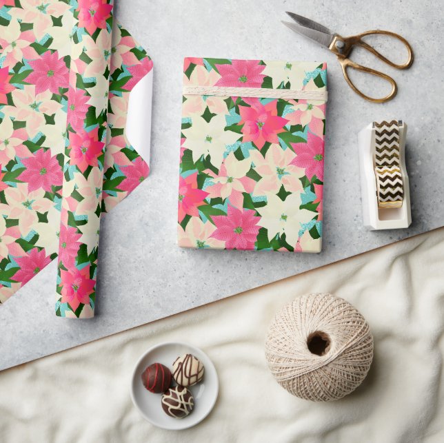 Papier Cadeau Pink Poinsettia Noël Turquoise (Artisanat)