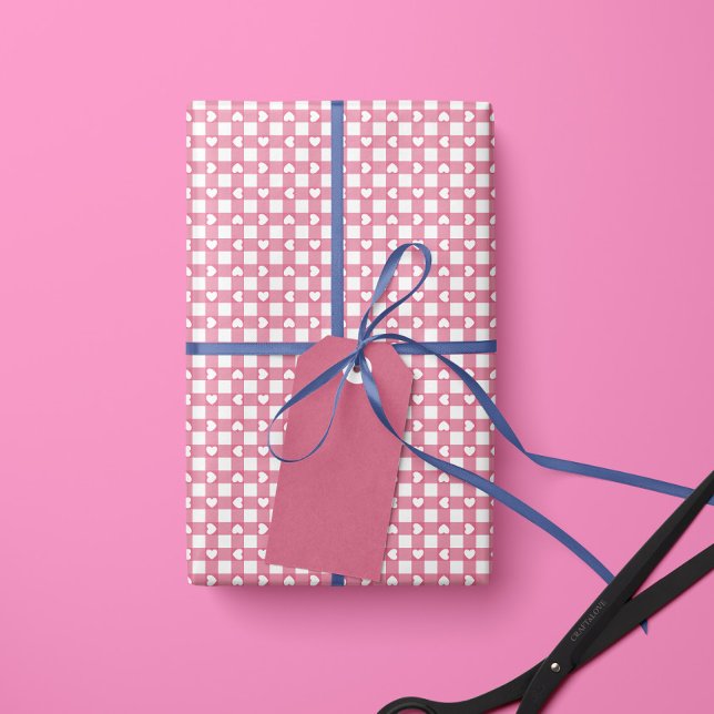 Papier Cadeau Pink Preppy Gingham Hearts- Wrapping Paper Roll (Créateur téléchargé)