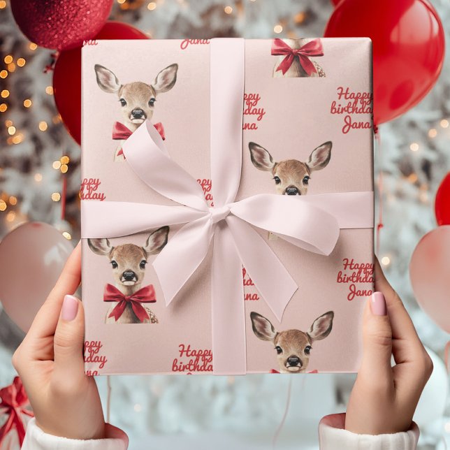 Papier Cadeau Pink & Red Deer Wrapping Paper | Woodland Birthday (Créateur téléchargé)