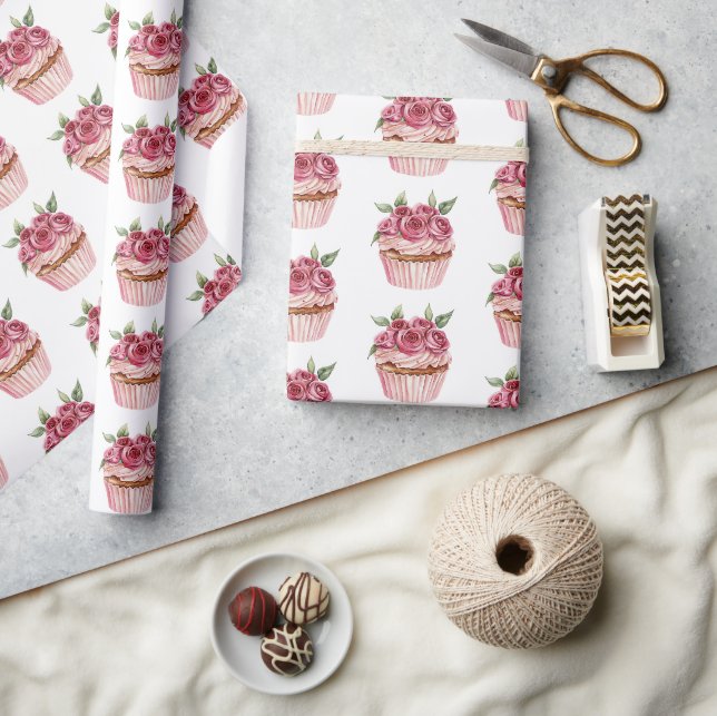 Papier Cadeau Pink Roses Floral Cupcakes Birthday (Artisanat)