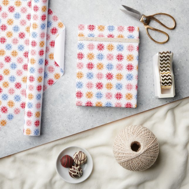 Papier Cadeau Pink Rouge Bleu Orange Pixel Snowflake Motif (Artisanat)