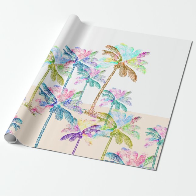 Papier Cadeau Pink Watercolor Tropical Hawaiian Palm Trees (Déroulé)