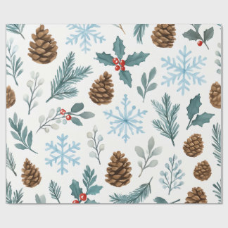Papier Cadeau Pins d'hiver et flocons de neige Enveloppement cad