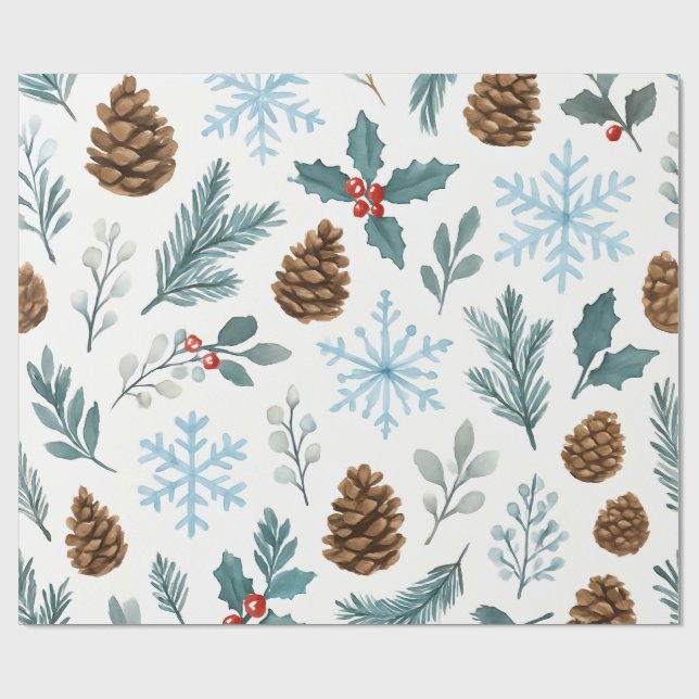 Papier Cadeau Pins d'hiver et flocons de neige Enveloppement cad (Plat)