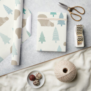 Papier Cadeau Pins mignons et un ours Brown Joyeux vacances