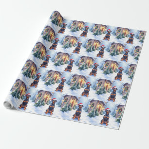 Papier Cadeau Pinscher allemand Courtyard enneigé Chapeau de Pèr