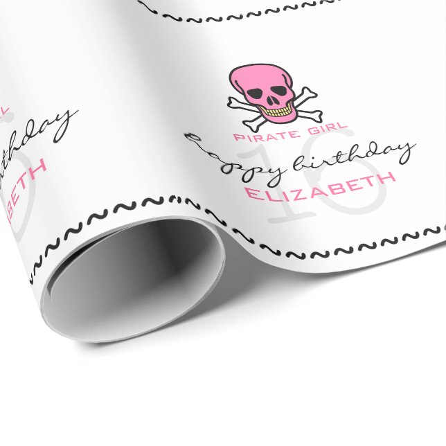 Papier Cadeau Pirate Girl Pink Skull Personnalisé 16e anniversai (Coin rond)
