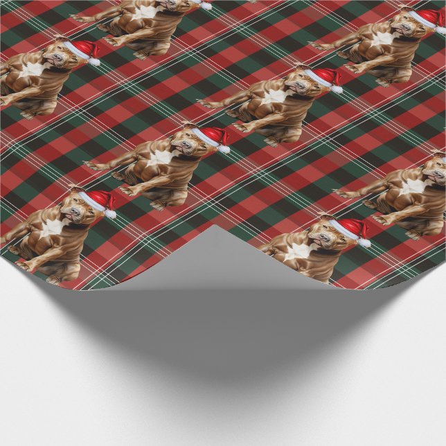 Papier Cadeau Pit Bull Chien Vert et Rouge Vacances Plantées Noë (Coin)