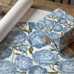 Papier Cadeau Pivoine Bleu Clair Luxe Floral