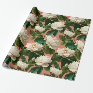 Papier Cadeau Pivoines blanches sur fond à motif pechy