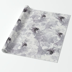 Papier Cadeau pivoines, gris et blanc, fleurs florales, blanches