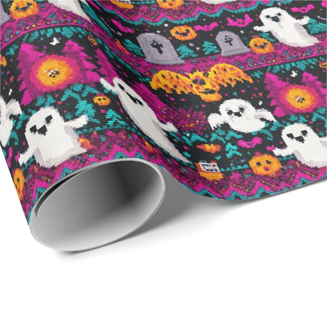 Papier Cadeau Pixel Ghosts Halloween Sweer Motif (Coin rond)