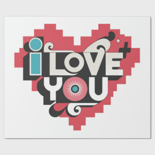 Papier Cadeau Pixel Heart Je t'aime Rétro Typographie