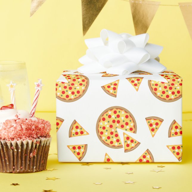 Papier Cadeau Pizza et tranches de cool motif sur blanc (Fête d'anniversaire)
