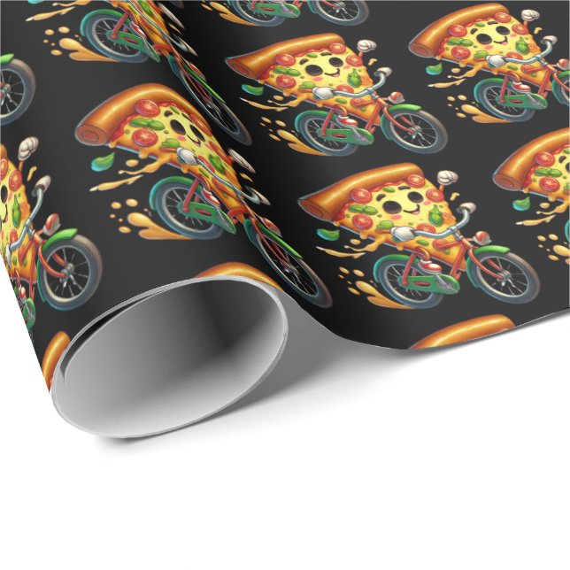 Papier Cadeau Pizza fête de vélo carrelée amusante (Coin rond)
