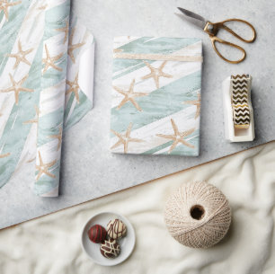 Papier Cadeau Plage Aqua Mint Starfish Stripes Anniversaire