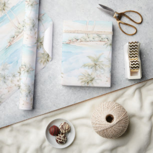 Papier Cadeau Plage aux palmiers de l'île tropicale