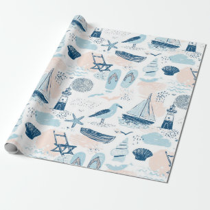 Papier Cadeau Plage nautique été bleu rose côtier (2)