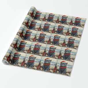 Papier Cadeau Plage Vintage de Noël de chat bleu russe