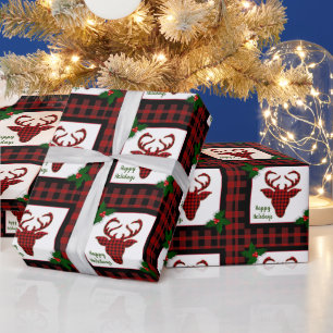 Papier Cadeau Plaid de Buffalo Rustique Tête de Cerf Noël