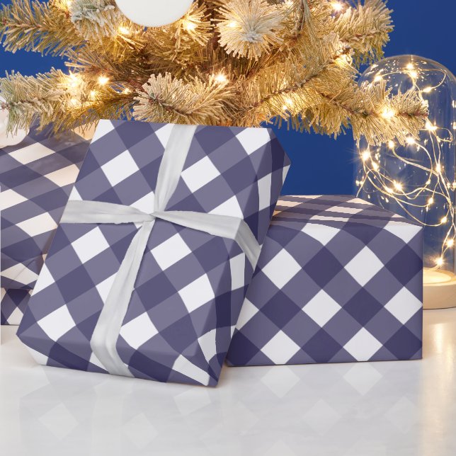 Papier Cadeau Plaid diagonale bleu foncé et blanc de buffle (Vacances)