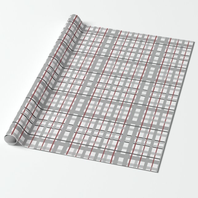 Papier Cadeau Plaid Happy Celebration Grey Argent Rouge Plaid (Déroulé)