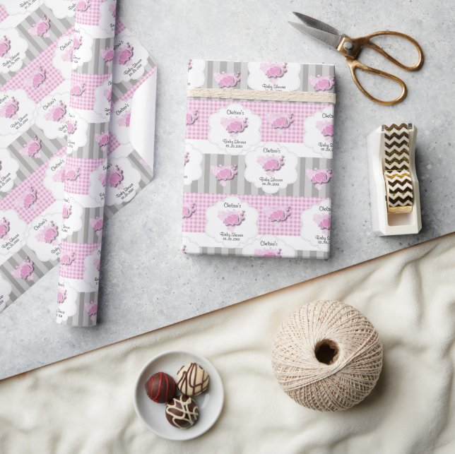 Papier Cadeau Plaid rose et blanc avec Baby shower rayé gris (Artisanat)