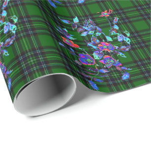Papier Cadeau Plaid vert et noir avec roses vintages bleus