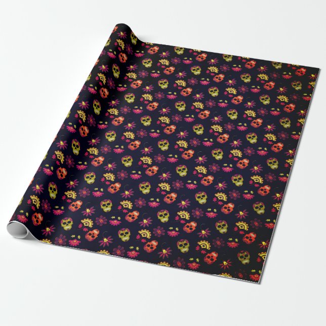 Papier Cadeau Plaisir Crâne sucre Floral Mandala (Déroulé)