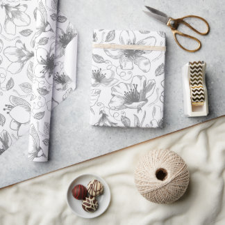 Papier Cadeau Plan floral esquissé Motif gris/Wht ID939
