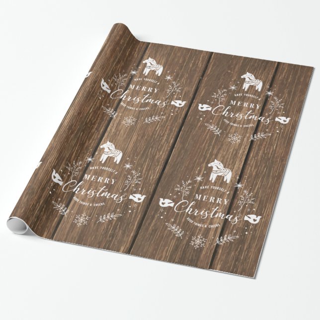 Papier Cadeau Planches Brown en bois blanc ornement de Noël (Déroulé)