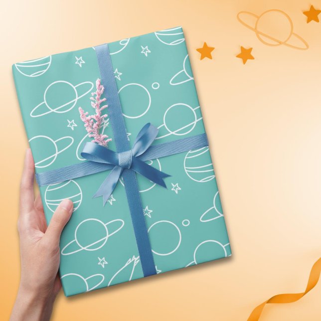 Papier Cadeau Planètes blanches Turquoise Astéroïdes Motif Anniv (Créateur téléchargé)