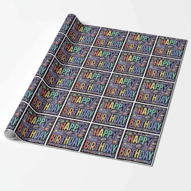 Papier Cadeau Planètes et étoiles cool amusantes Joyeux annivers (Déroulé)