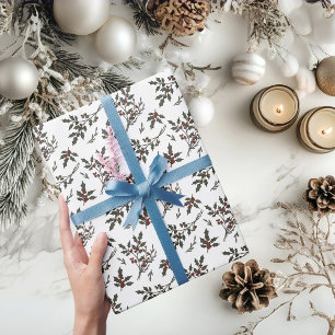 Papier Cadeau Plante de Noël Holly moderne Berries Hiver Blanc