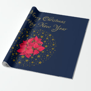 Papier Cadeau Plante de poinsettia rouge sur un ciel bleu étoilé