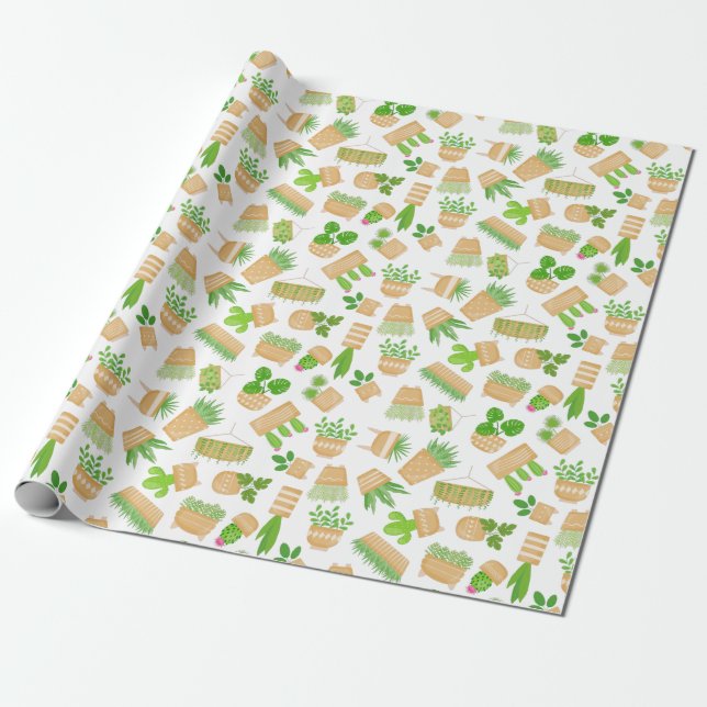 Papier Cadeau Plantes de la Maison Cactus sur papier blanc (Déroulé)