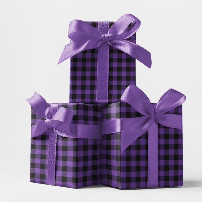 Papier Cadeau Plat moyen de bisons pourpres et noirs (Medium Purple and Black Buffalo Plaid Wrapping Paper)