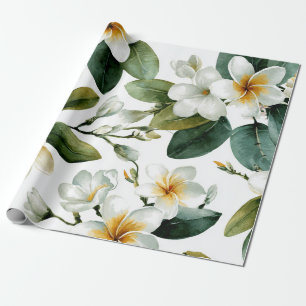 Papier Cadeau Plumeria Vert Blanc Hawaï Frangipanier Tropical